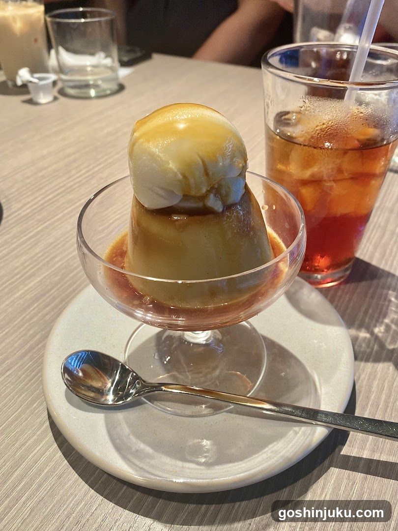 Caramel Pudding with Ice Cream and Iced Tea