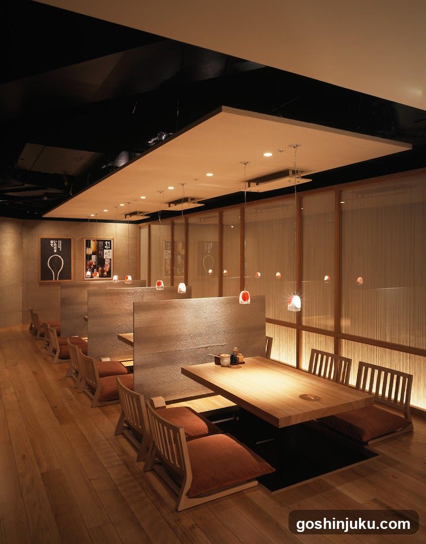 Interior of a Japanese restaurant with wooden seating and warm lighting.