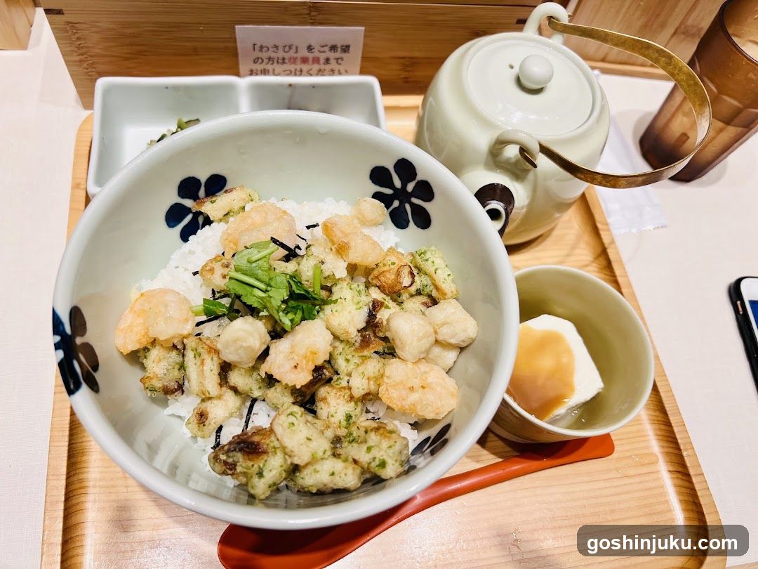 Japanese Rice Bowl with Tempura and Tea