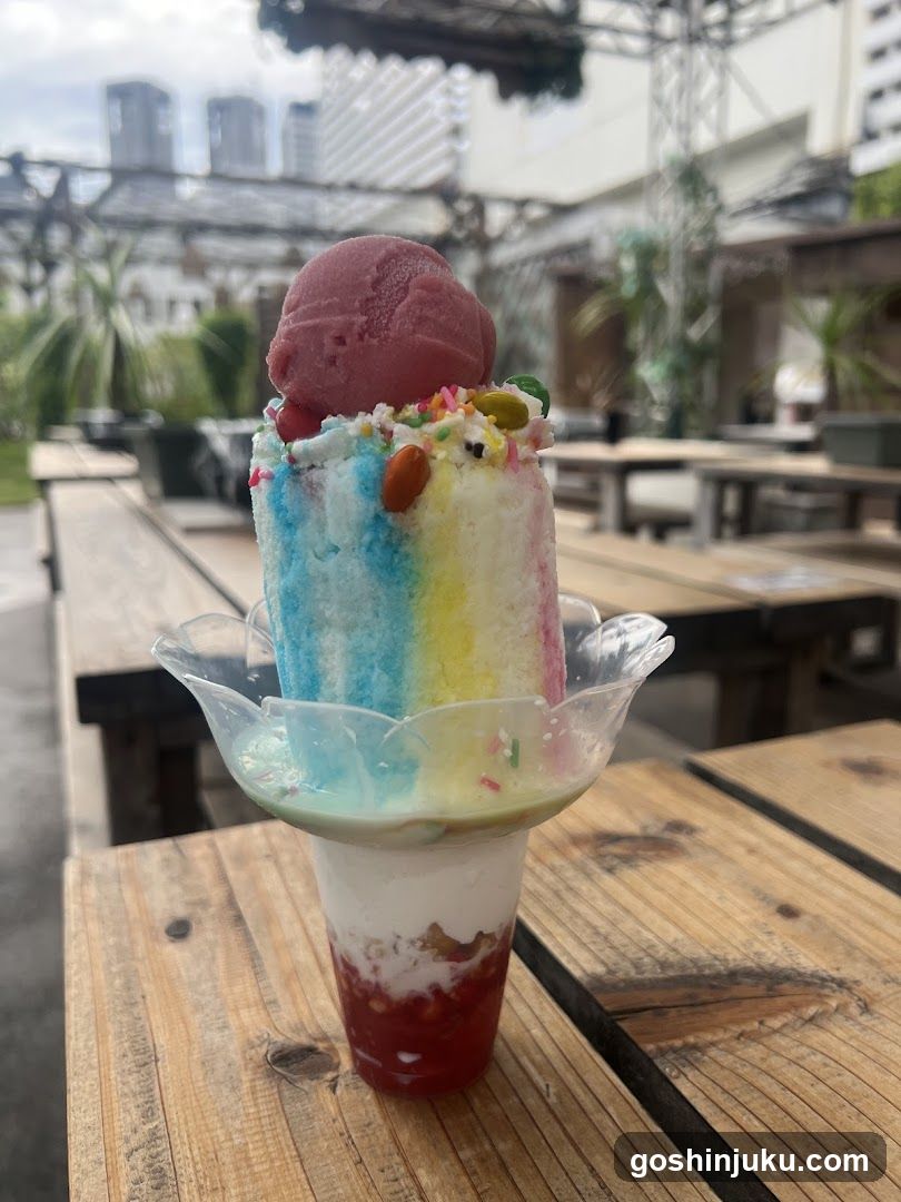 Rainbow shaved ice dessert