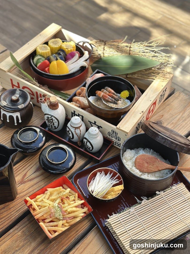 Japanese-style food spread on wooden table