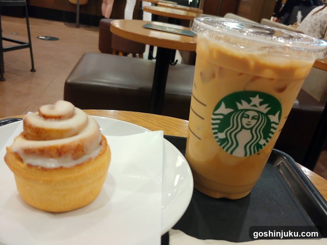 Starbucks Iced Coffee and Cinnamon Roll