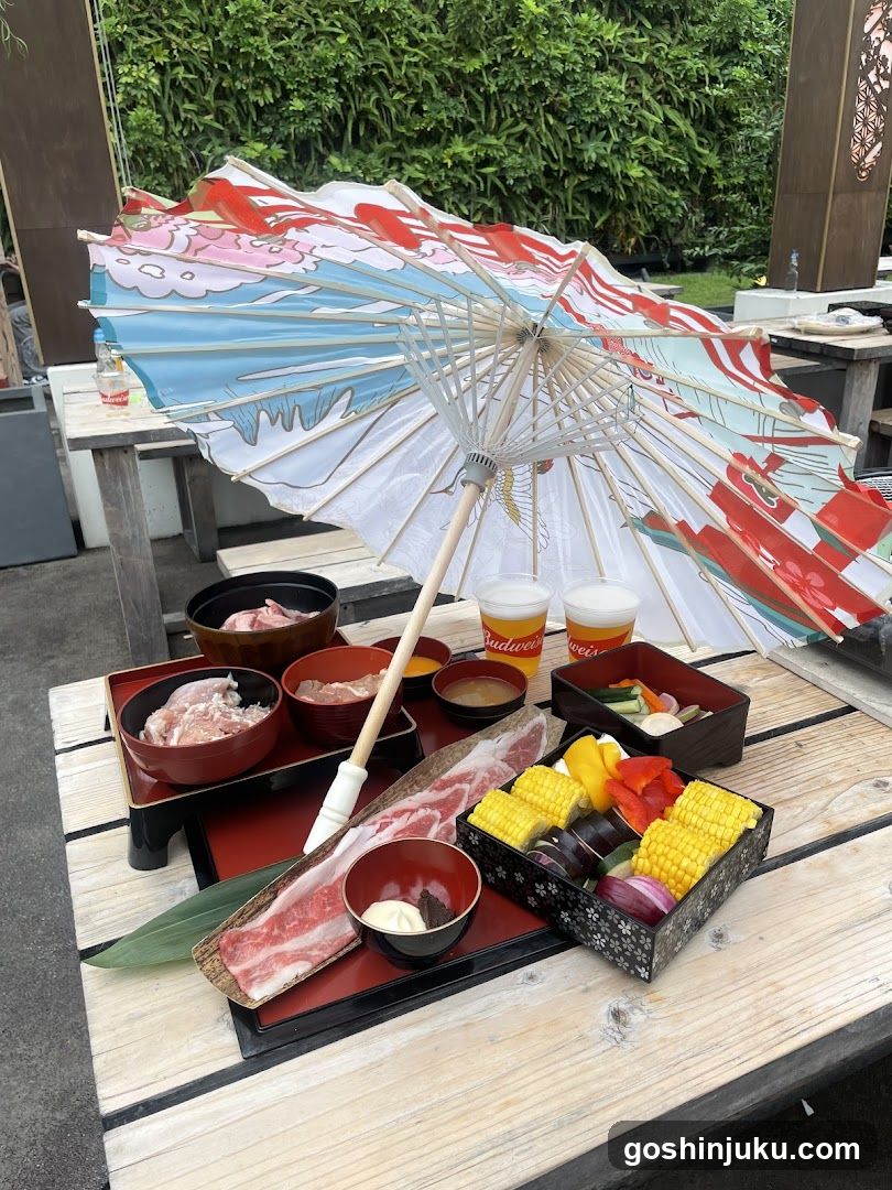 Outdoor Japanese-style meal setup with umbrella