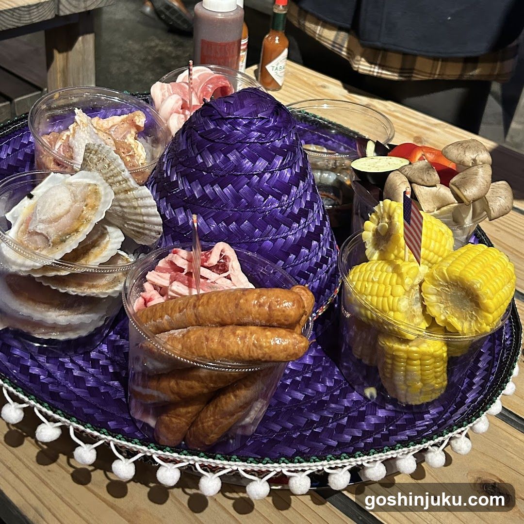 BBQ Platter with Sausages, Corn, and Seafood