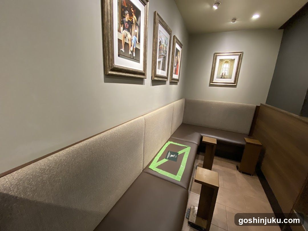 Interior seating area with framed artwork