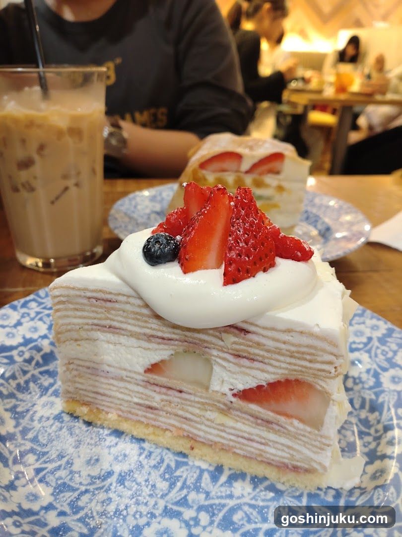 Strawberry Cream Cake and Iced Coffee