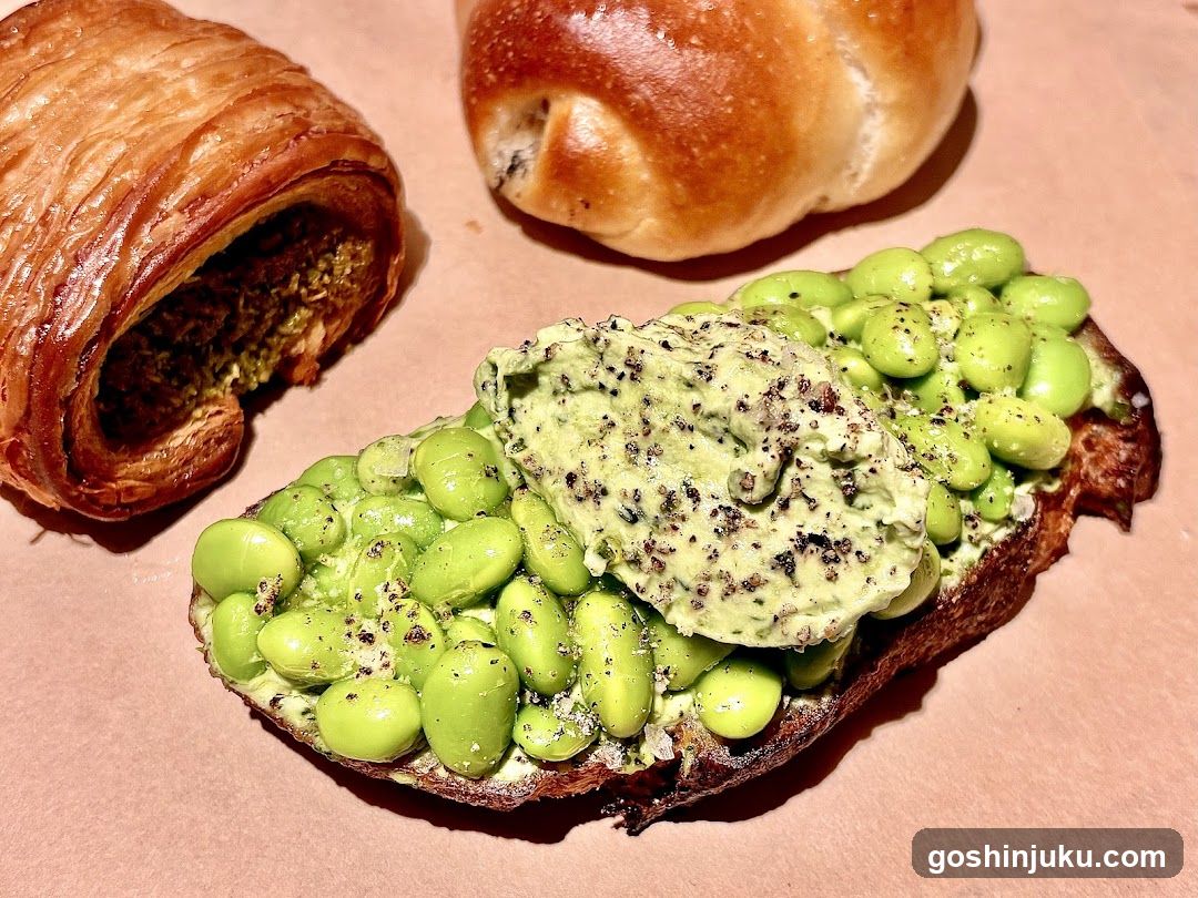 Edamame Toast with Croissants and Bagel