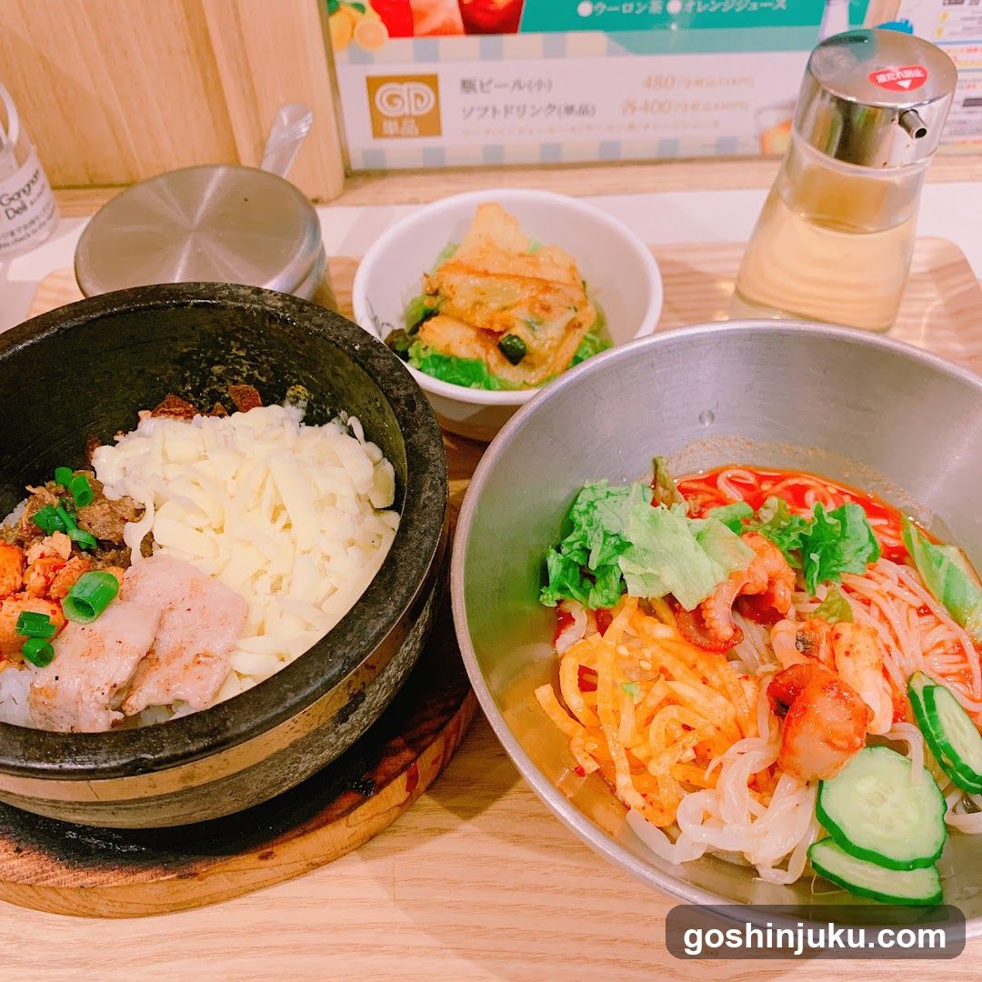 Korean-style meal with rice and noodles