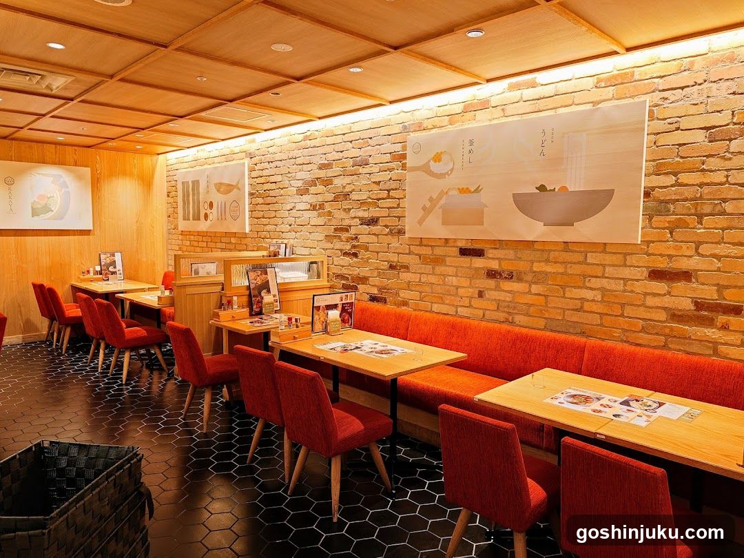 Restaurant Interior with Brick Wall and Red Seating
