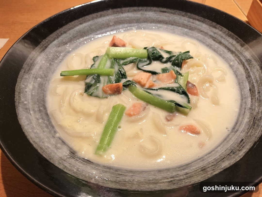 Creamy Noodle Soup with Greens and Bacon Bits