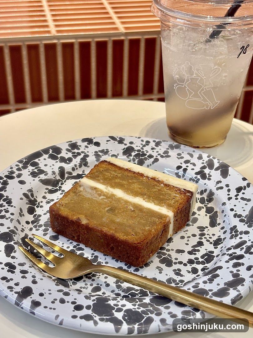 Slice of cake with iced coffee