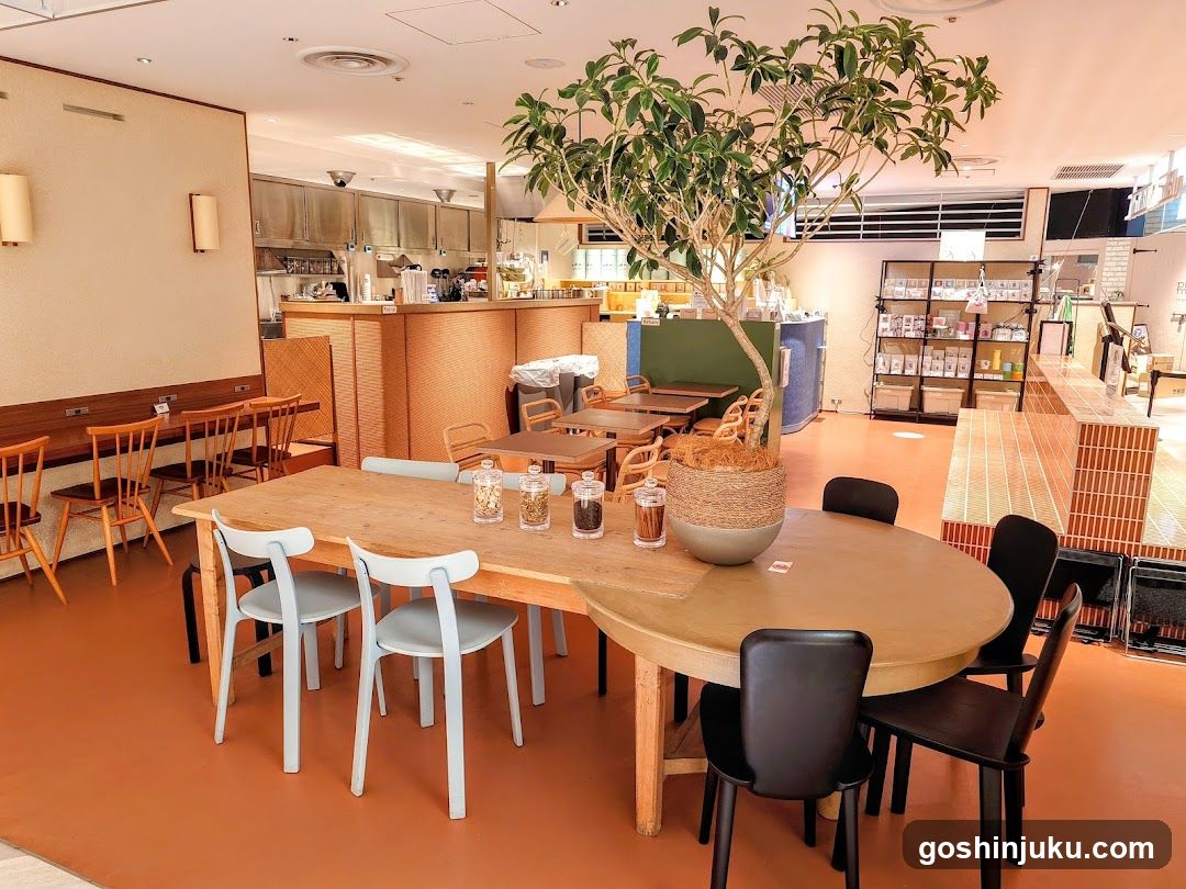 Cozy Cafe Interior with Wooden Tables and Plants