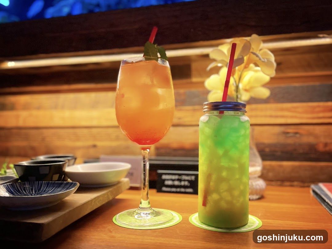 Tropical Drinks on Wooden Table