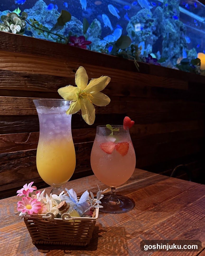Tropical Drinks with Aquarium Background