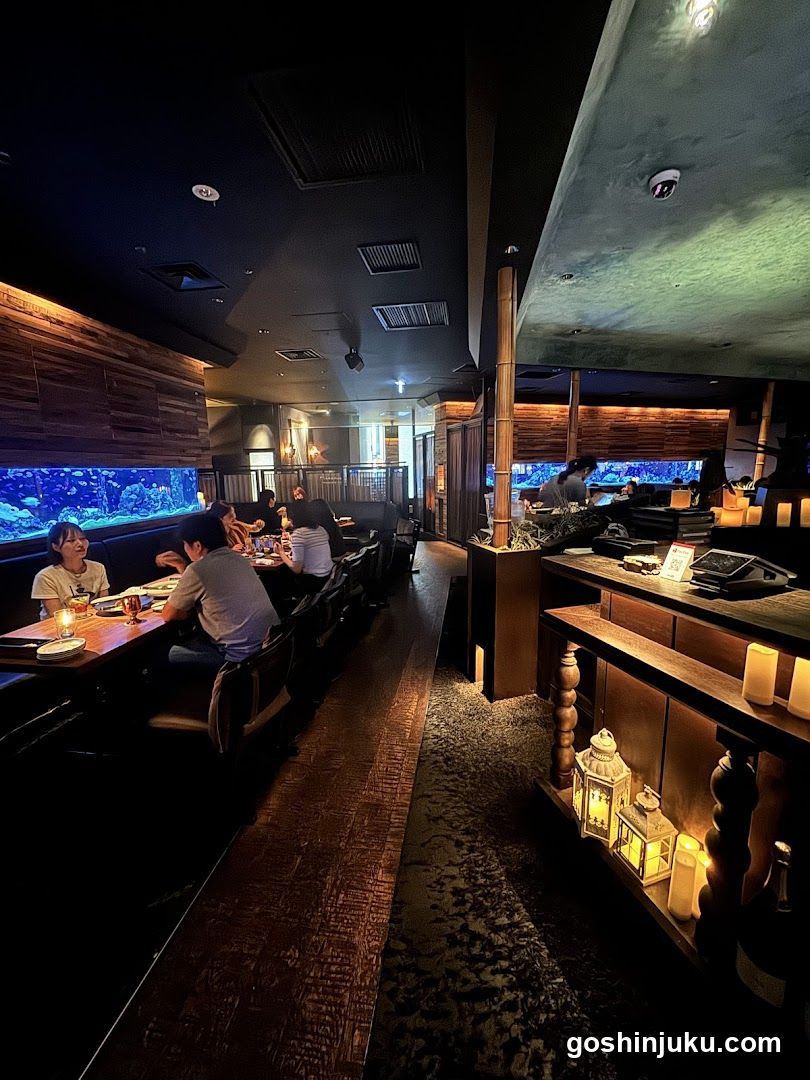 Restaurant Interior with Aquarium Wall