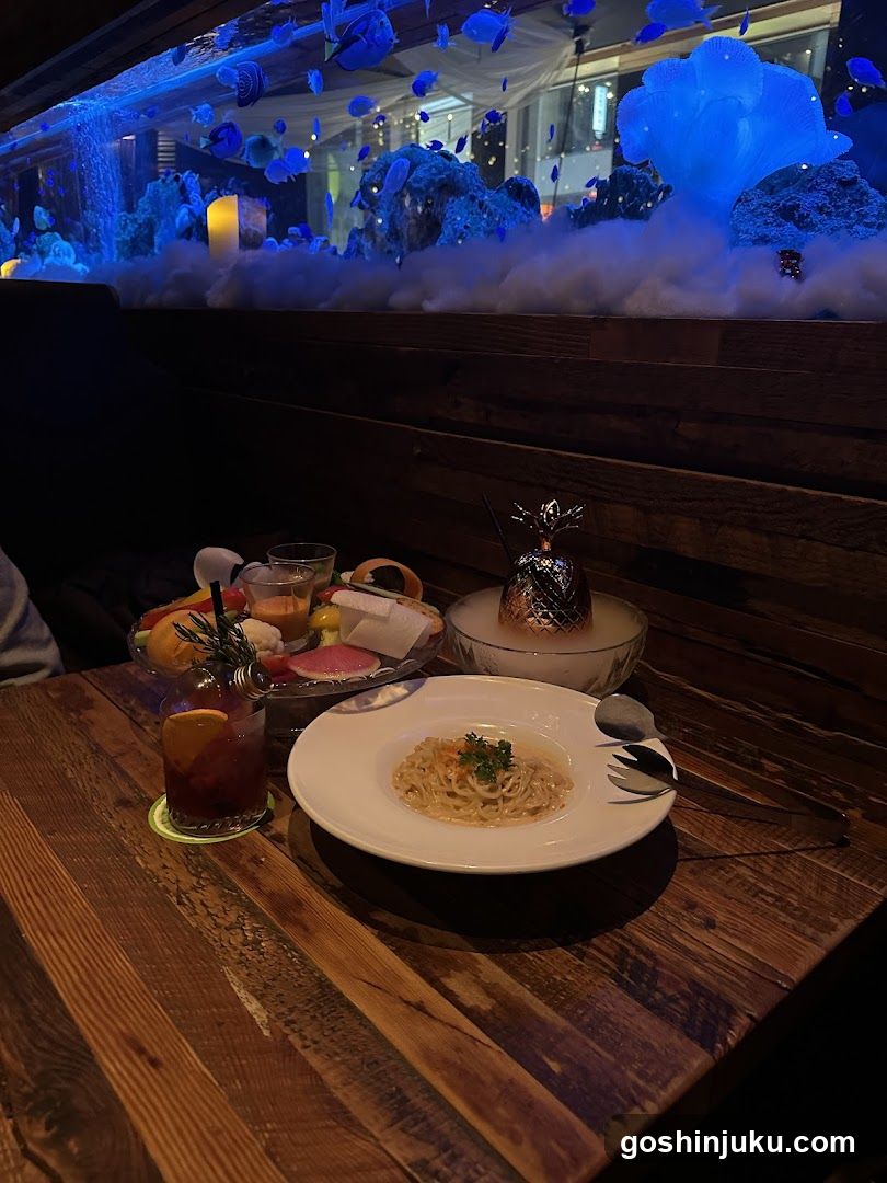 Dining Scene with Aquarium View