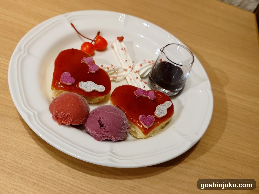 Heart-Shaped Dessert Platter with Ice Cream and Syrup