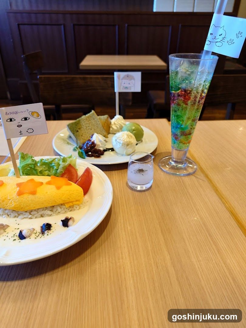 Cafe Table Setting with Omelette and Dessert
