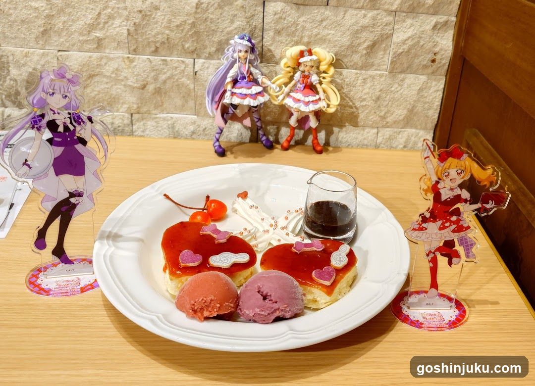 Pretty Cure themed dessert and merchandise display