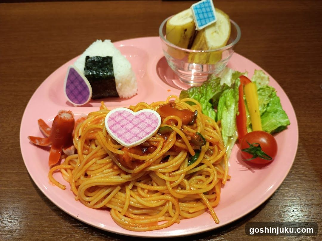 Spaghetti with Heart-Shaped Garnish and Side Dishes