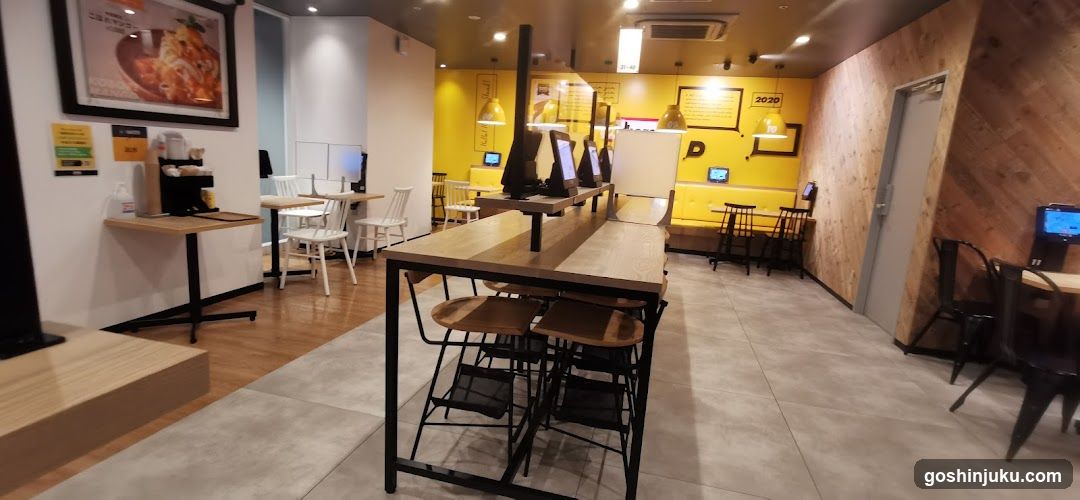 Restaurant Interior with Yellow Walls and Wooden Tables
