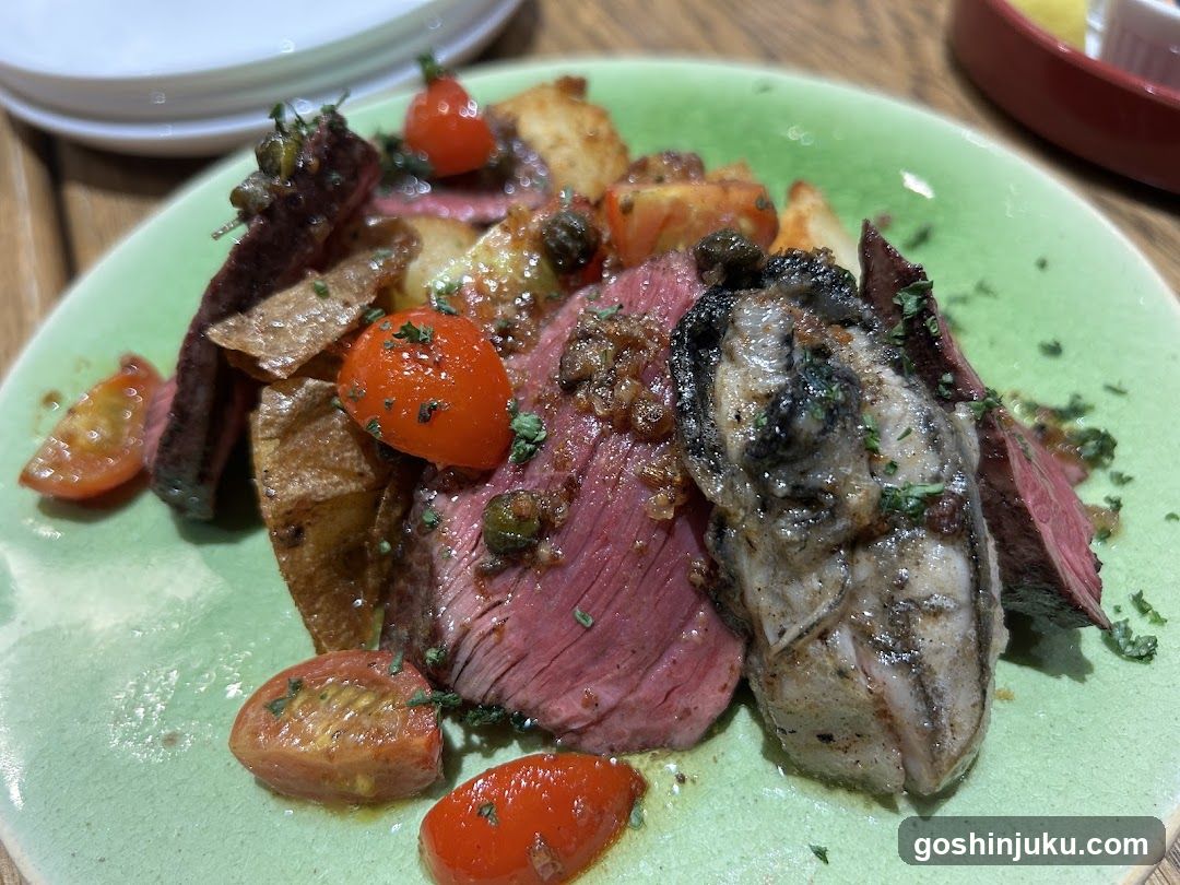 Grilled Meat with Roasted Tomatoes and Potatoes