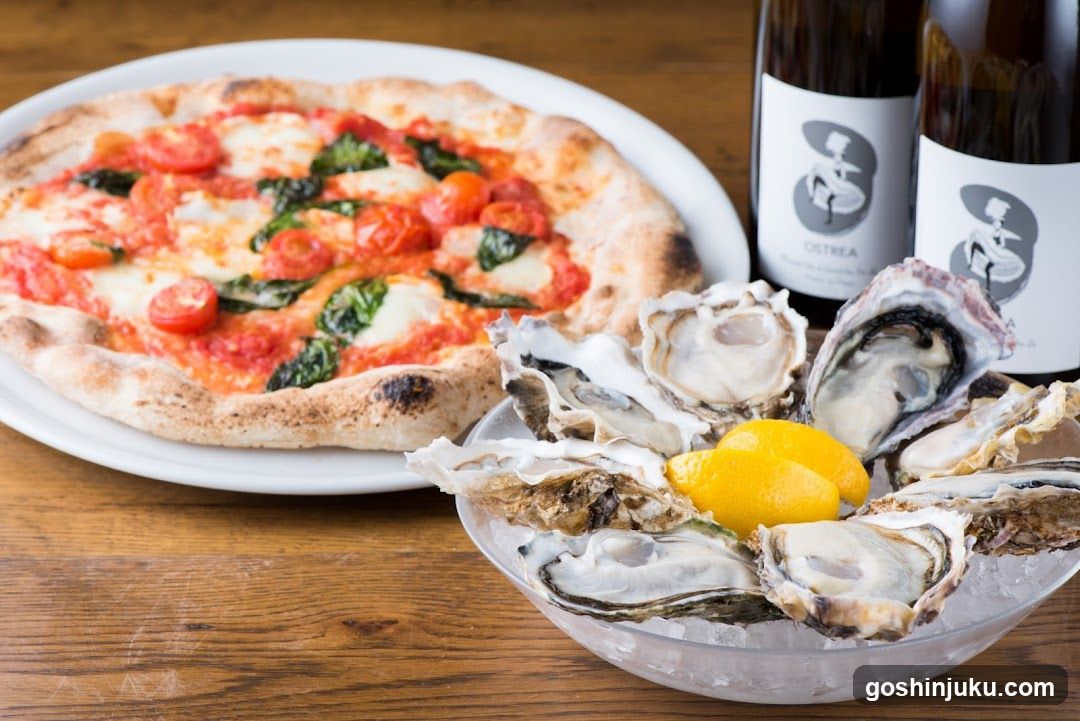 Pizza and Oysters with Wine Bottles