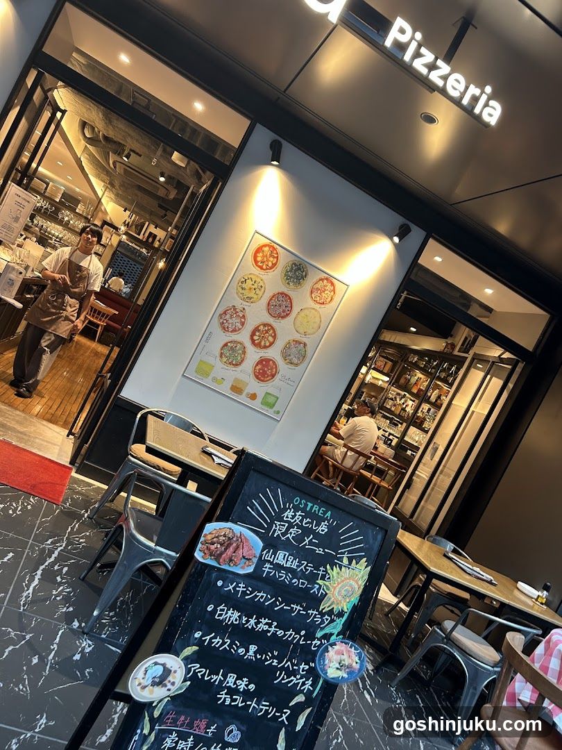 Pizzeria storefront with chalkboard menu