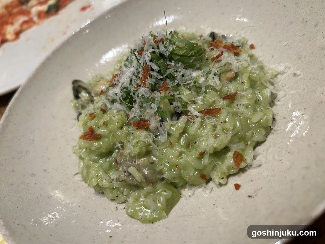 Green Risotto with Mussels and Crispy Toppings