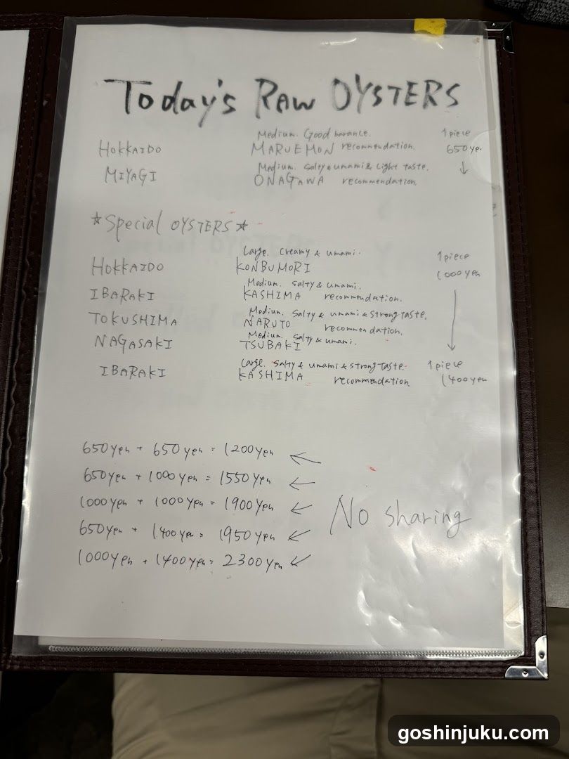 Handwritten menu listing raw oyster varieties with descriptions and prices, including Hokkaido, Miyagi, Maruemon, Onagawa, Konburi, Kashima, Tokushima, Naruto, Tsubaki, Nagasaki, and Ibaraki. Includes special sections like 'Special Oysters' and price combinations. Note: No sharing.