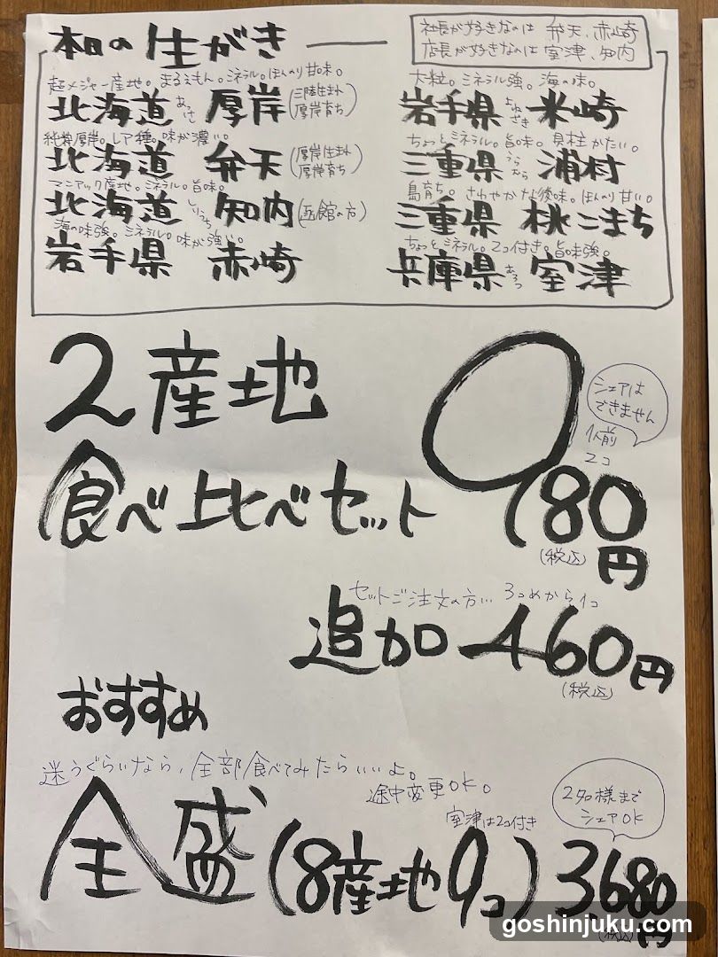 A handwritten menu board on white paper, listing various seafood dishes with prices and origins. The text is in Japanese, detailing items like '2产地' (2 regions) and '食べ比べセット' (tasting set). Prices are listed as 80 yen and 460 yen for additional charges. A large price of 3680 yen is highlighted at the bottom.