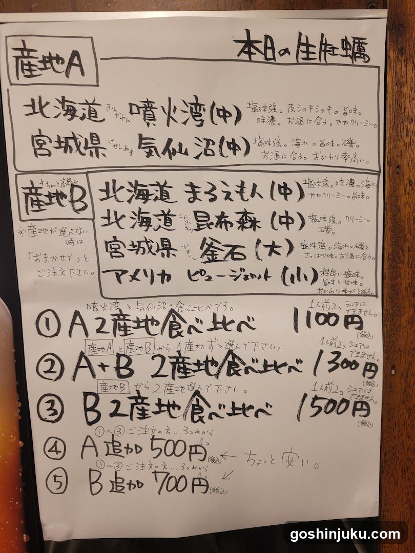 A close-up of a handwritten menu board on white paper, likely in a Japanese restaurant or bar.