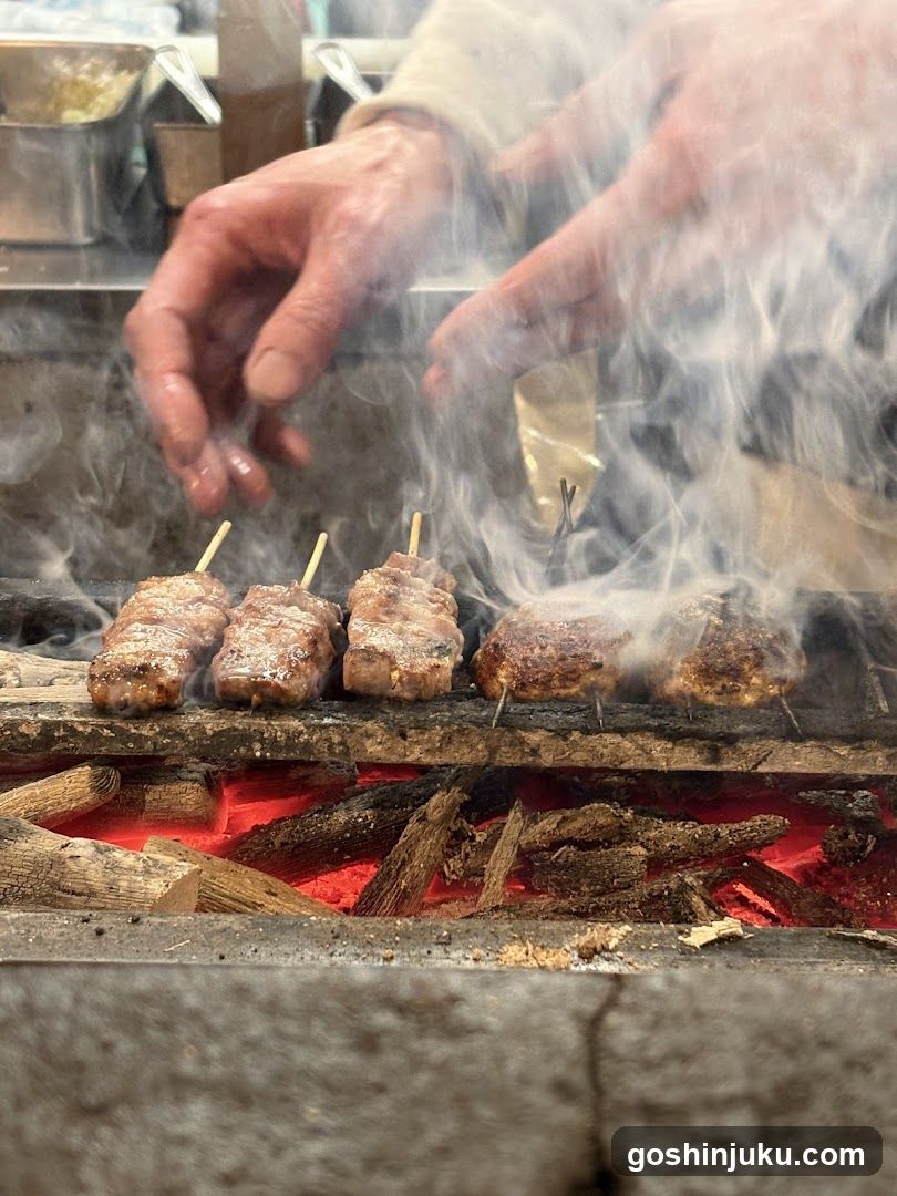 Grilled Skewers Cooking Over Charcoal