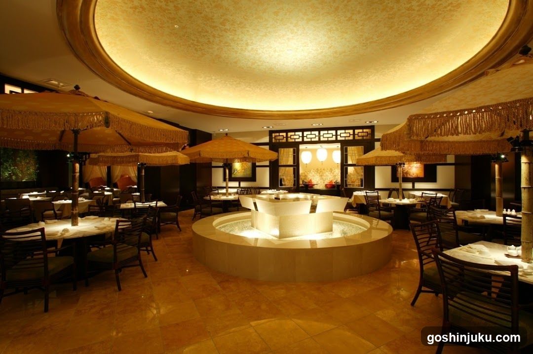 Elegant Dining Interior with Central Fountain