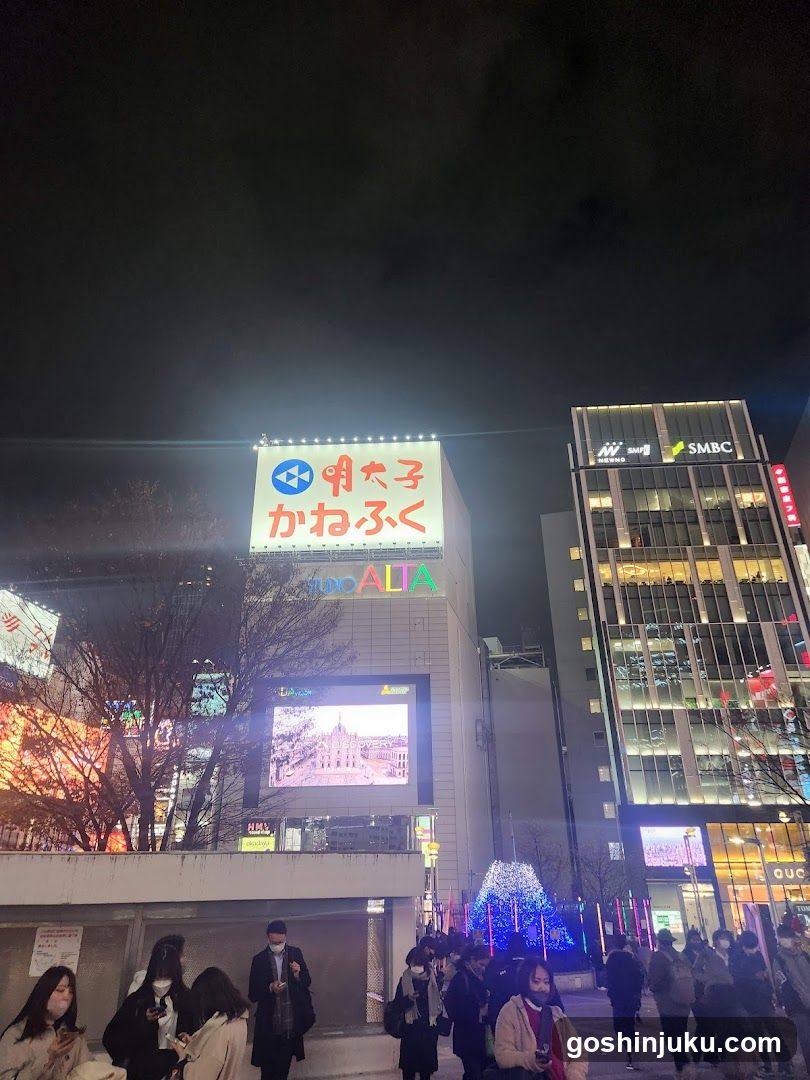 Night City Scene with Crowds and Neon Signs