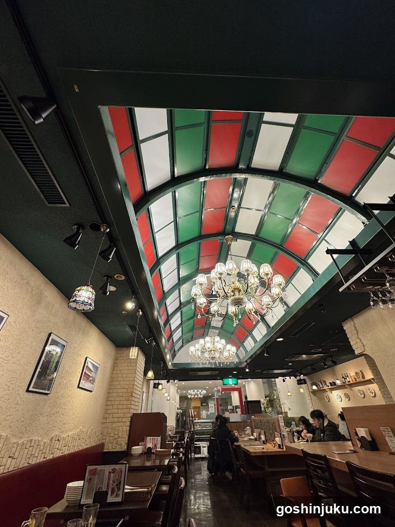 Interior of a restaurant with colorful ceiling