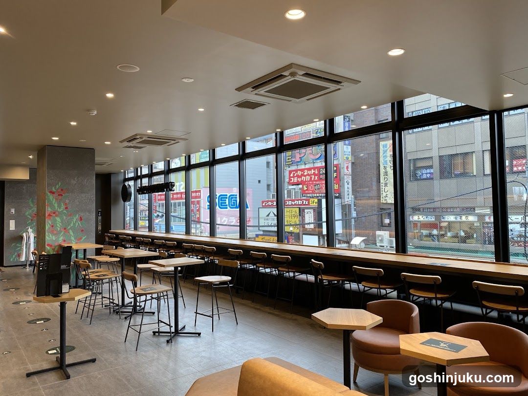 Interior of a modern cafe or restaurant with large windows