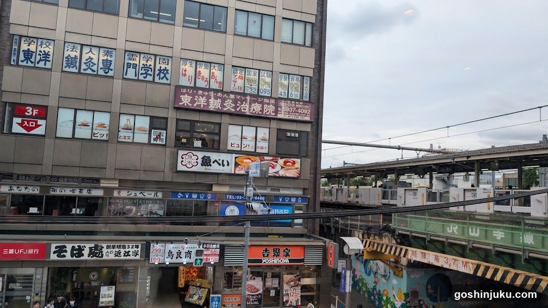 Street scene with shops and train tracks