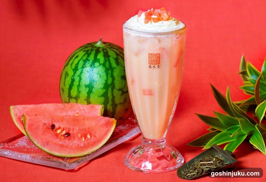 Watermelon Milkshake with Fresh Fruit and Tea Leaves