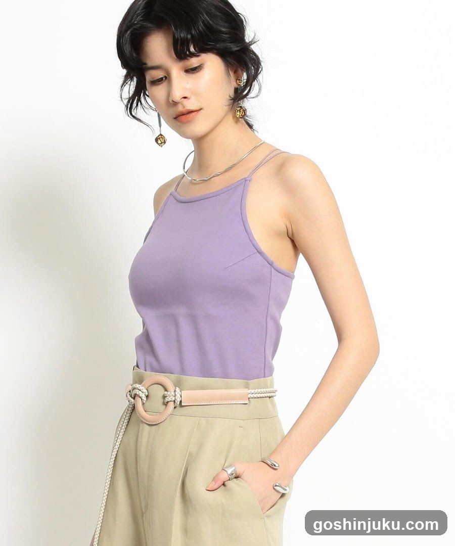 Fashion Model Wearing Purple Tank Top and Khaki Trousers