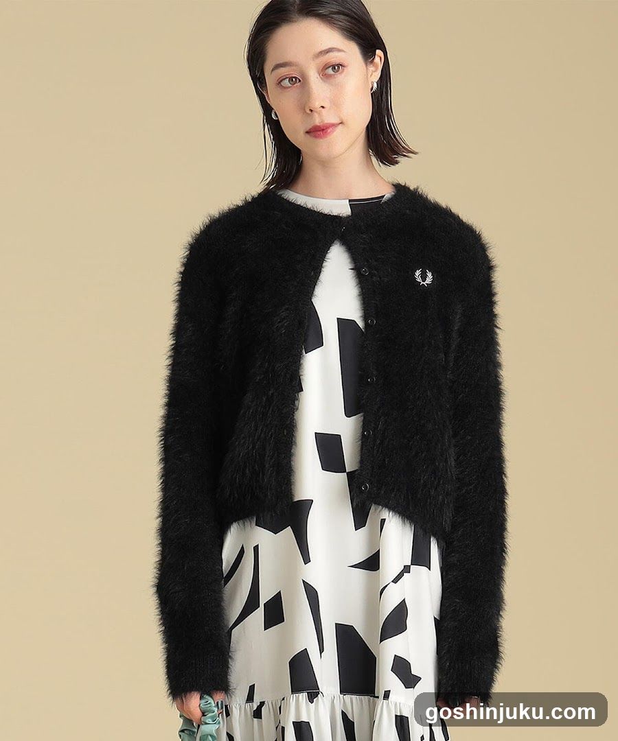 Fashion Model in Black Fur Cardigan and Patterned Dress