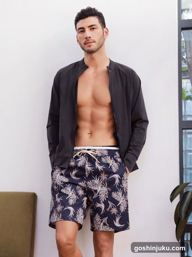 Male Model Wearing Swim Trunks and Open Shirt