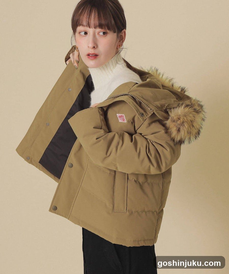 Model wearing olive green parka with fur hood