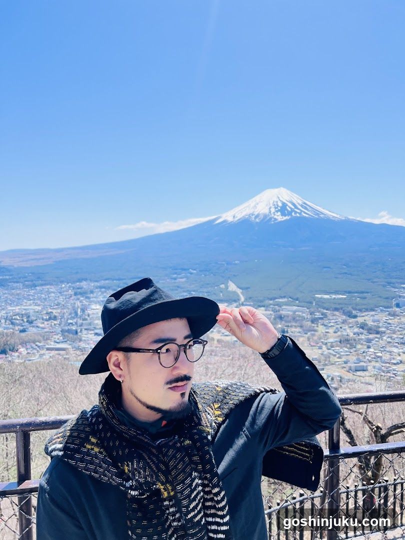 Man with Hat and Scarf in Front of Mount Fuji