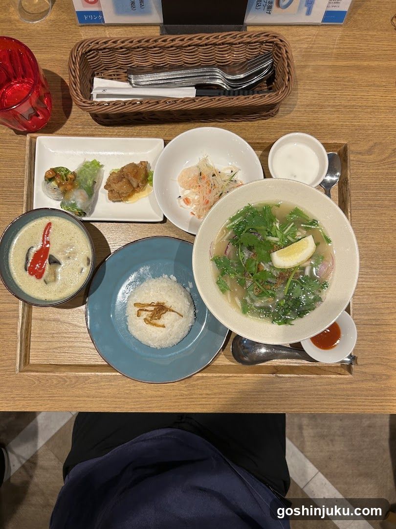 Thai-style meal on a wooden tray