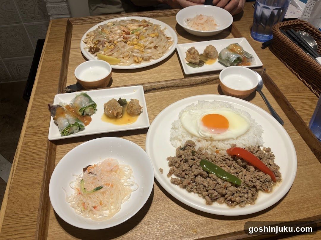 Asian Meal Spread on Wooden Tray