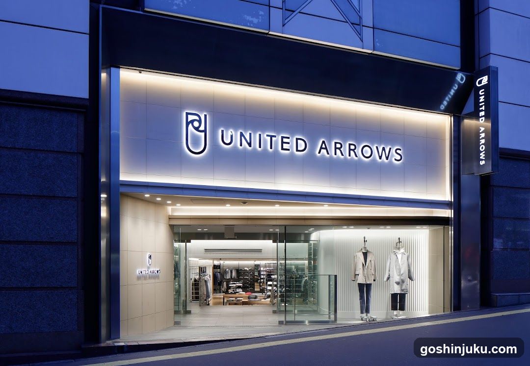 Evening shot of a United Arrows retail store entrance with illuminated signage and mannequins in the window display.