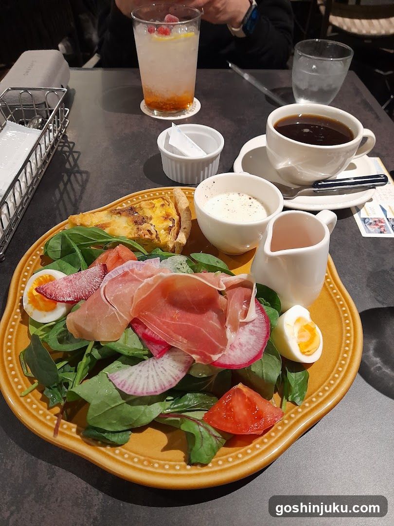 Breakfast Spread with Salad and Coffee