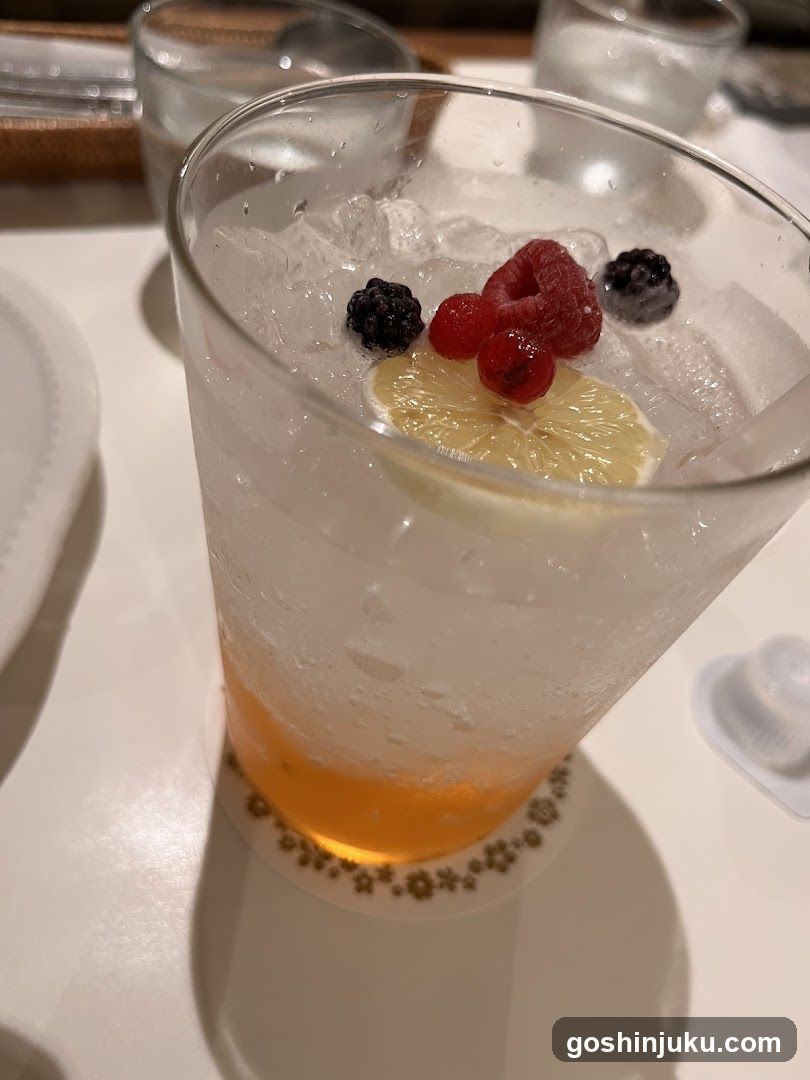 Fruit-infused cocktail with ice and lemon slice