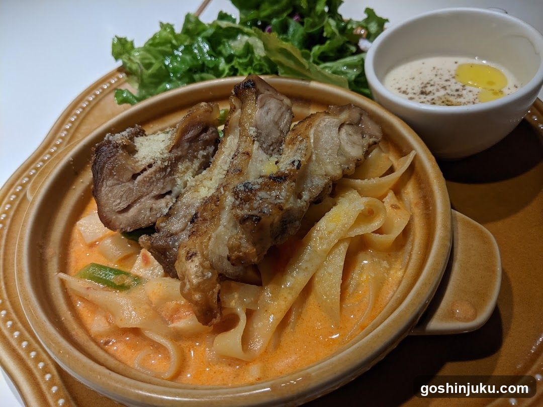 Creamy Pasta with Grilled Ribs and Salad